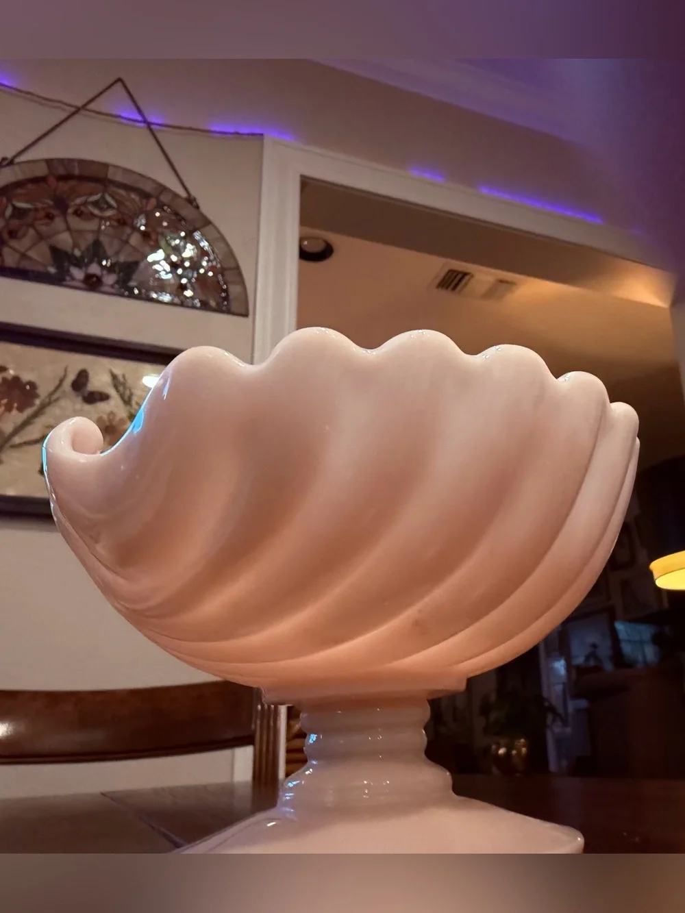 Vintage Cambridge Glass Co. Crown Tuscan seashell pedestal bowl Opalescent Pink